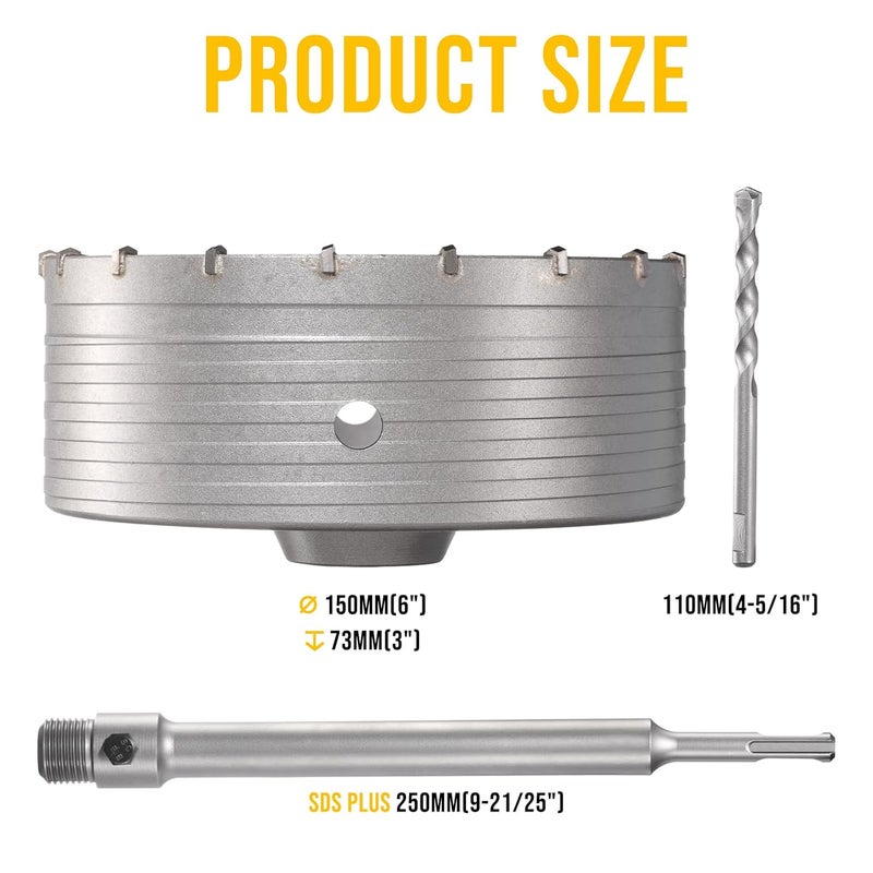 TGFTGF 150mm Concrete Hole Saw Kit, Tungsten Carbide Masonry Hole Saw Kit with 250mm SDS Plus Bit Shank Drill Bit Sets for Concrete, Brick, Stone, Cement, Tile, Wall Drilling - Image 2